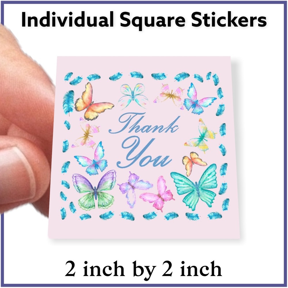 100 (2x2 Inch) Square Stickers, Butterflies and Feathers High Gloss, Thank You - Picture 2 of 3